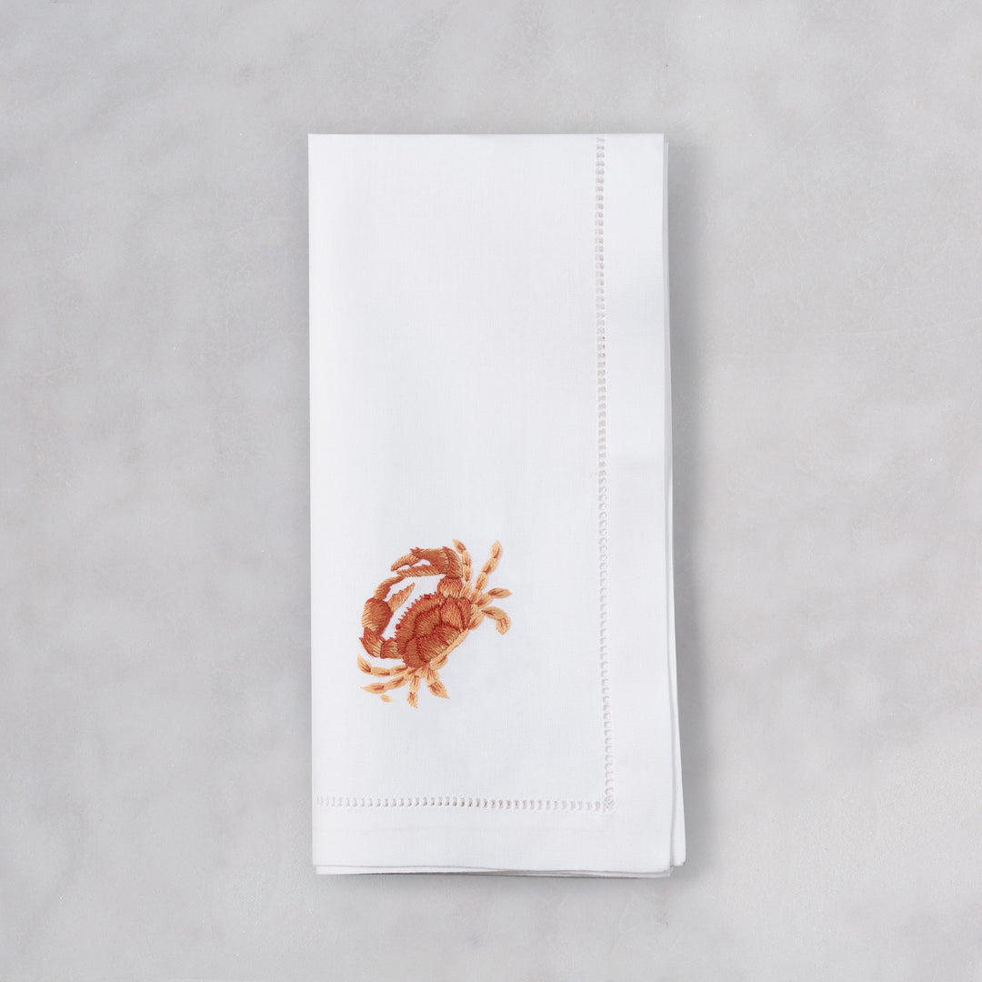 Crab Embroidered Napkin - Coral/White