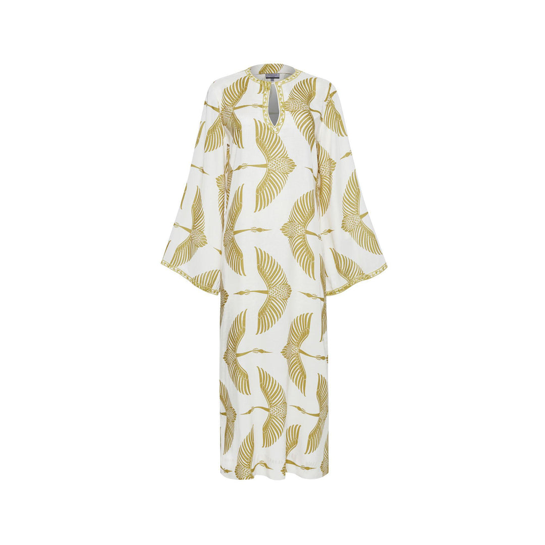 Wings Nakışlı Uzun Kaftan - Bej/Yeşil