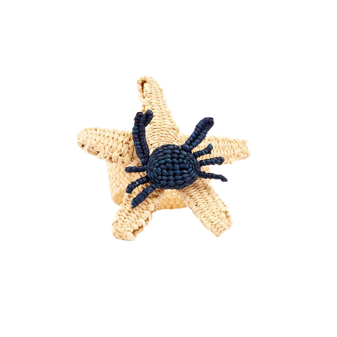 Starfish & Crab Woven Napkin Ring - Beige/Navy
