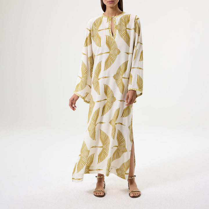 Wings Nakışlı Uzun Kaftan - Bej/Yeşil