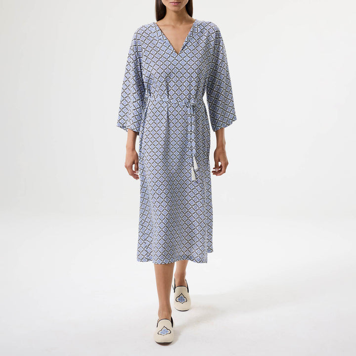 Lotus Garden Midi Elbise - Mavi