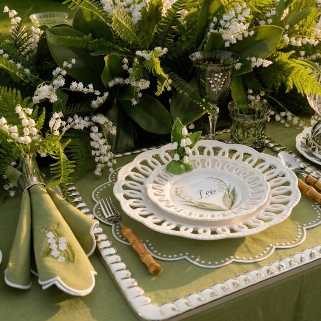 Seferî Embroidered Napkin - Lily of the Valley - Green - Set of 4