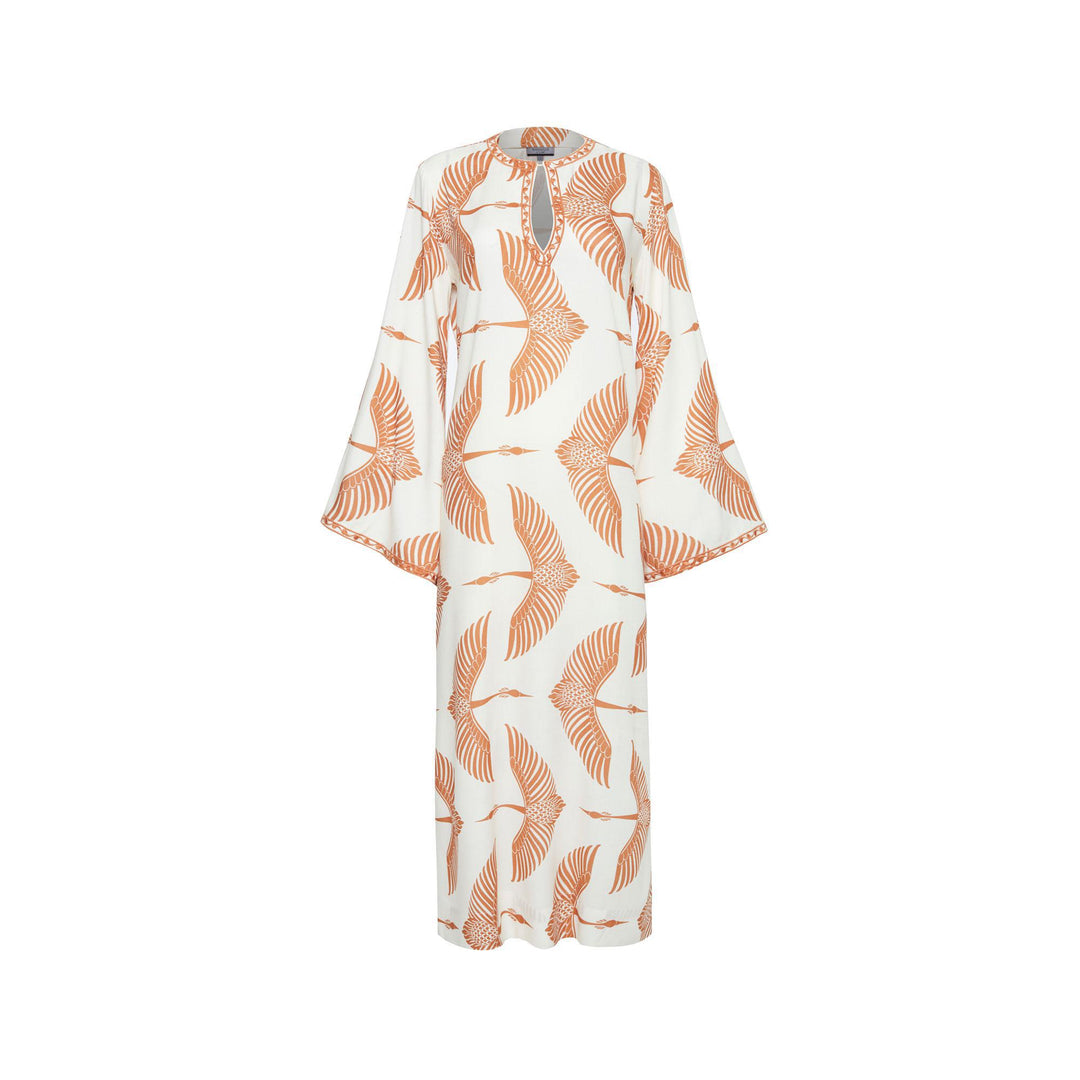 Wings Nakışlı Uzun Kaftan - Bej/Tarçın