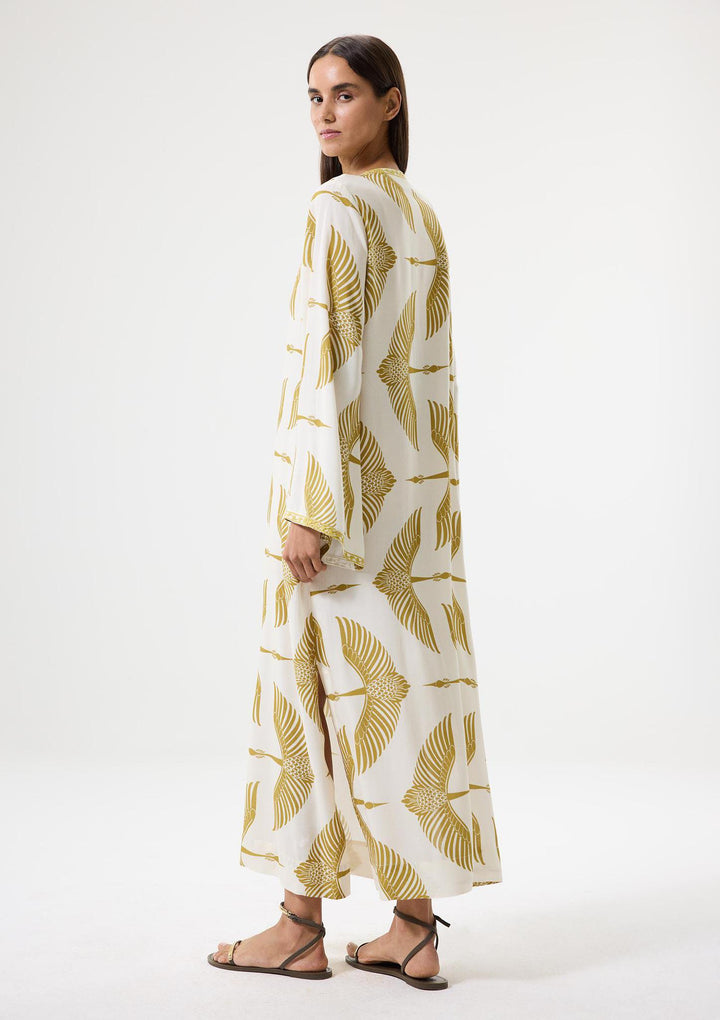 Wings Nakışlı Uzun Kaftan - Bej/Yeşil