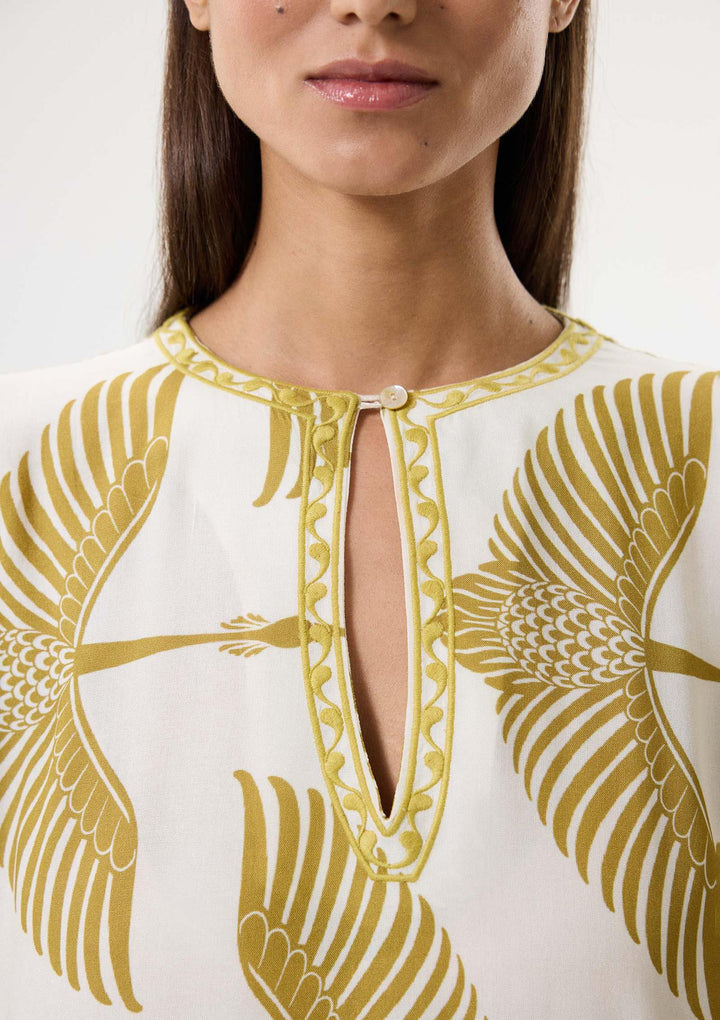 Wings Nakışlı Uzun Kaftan - Bej/Yeşil