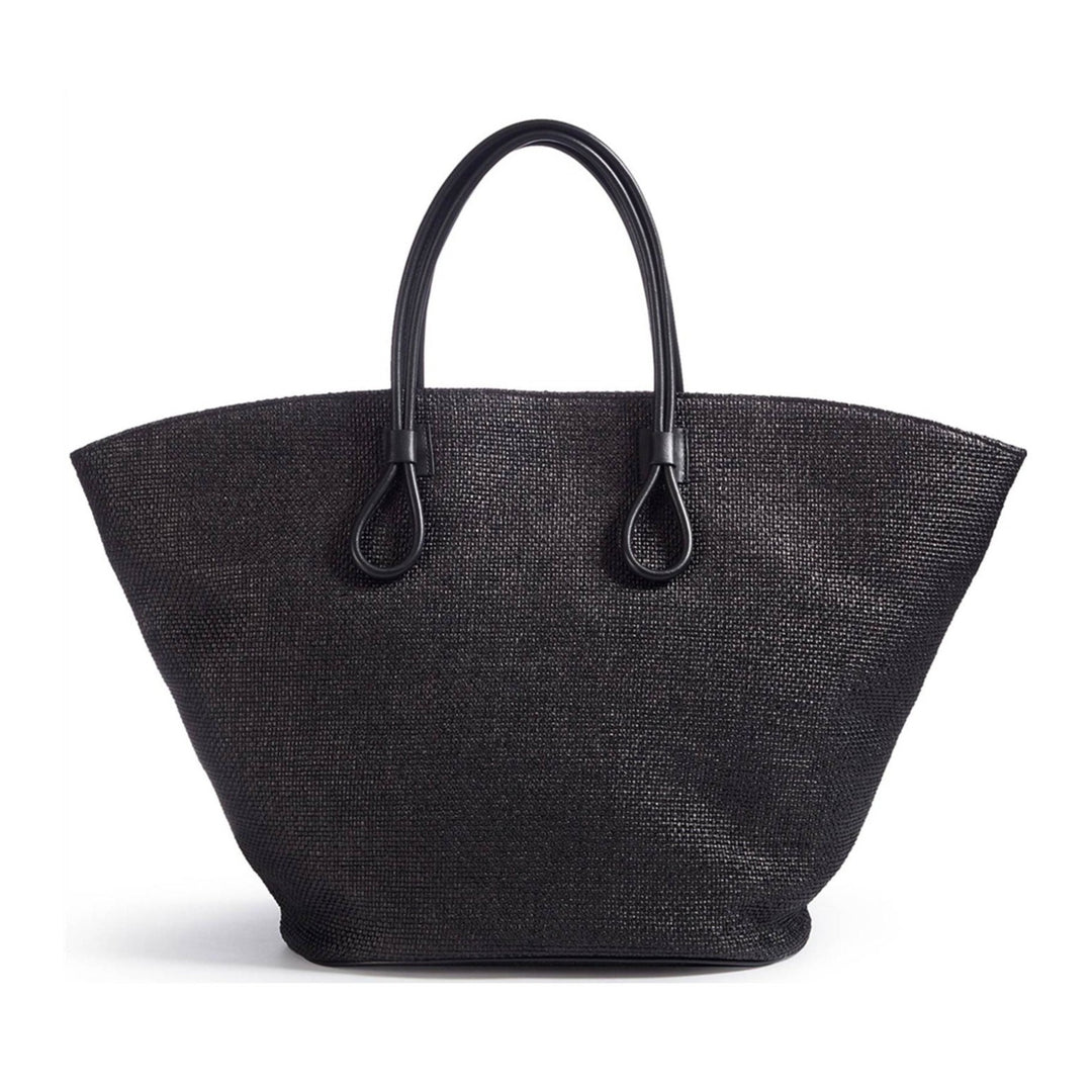 Raffia Beach Bag with Leather Strap - Black