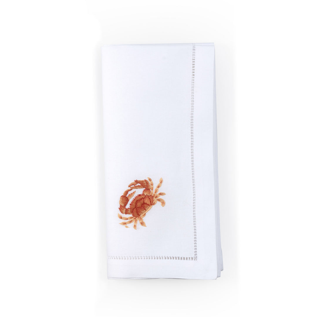 Crab Embroidered Napkin - Coral/White