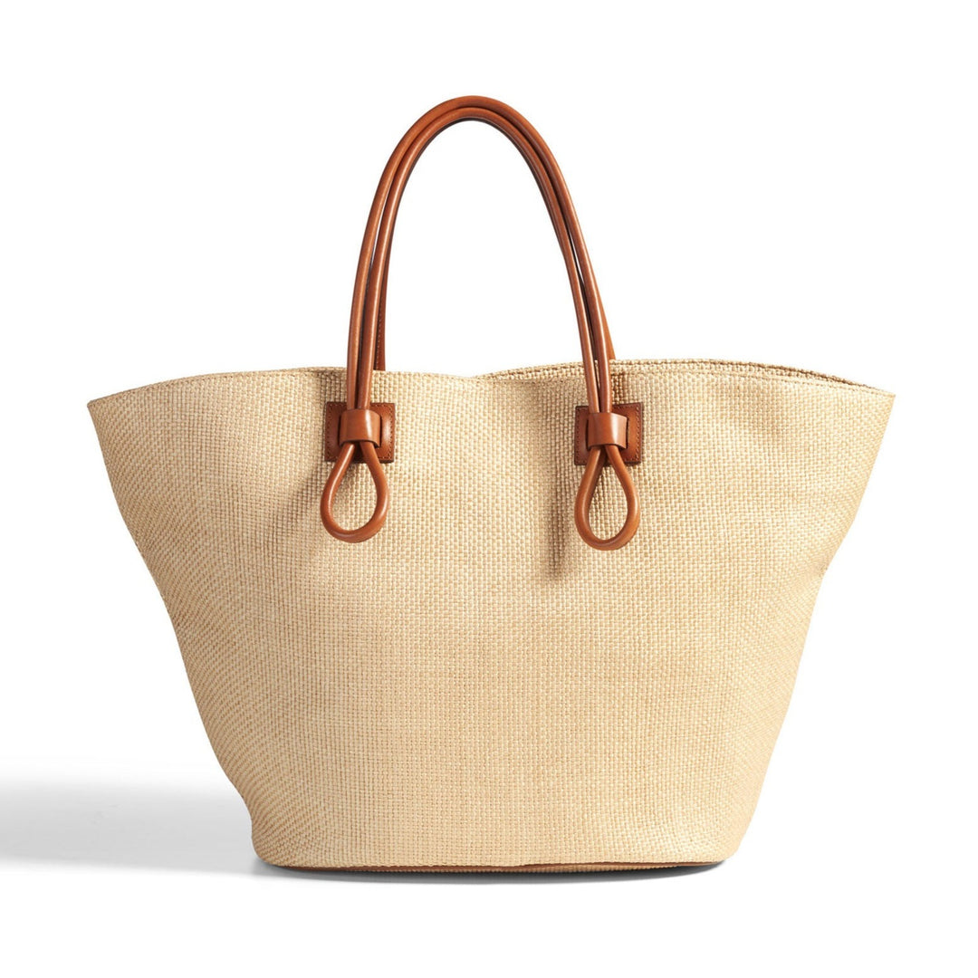 Raffia Beach Bag with Leather Strap - Beige